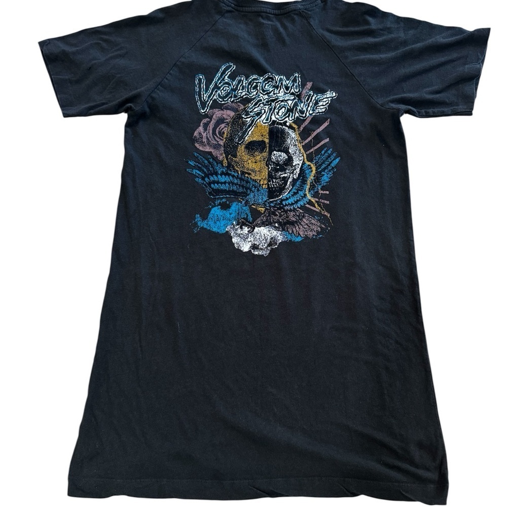 Volcom black short sleeved graphic T shirt, "Volcom Stone" spell out on back, XS
